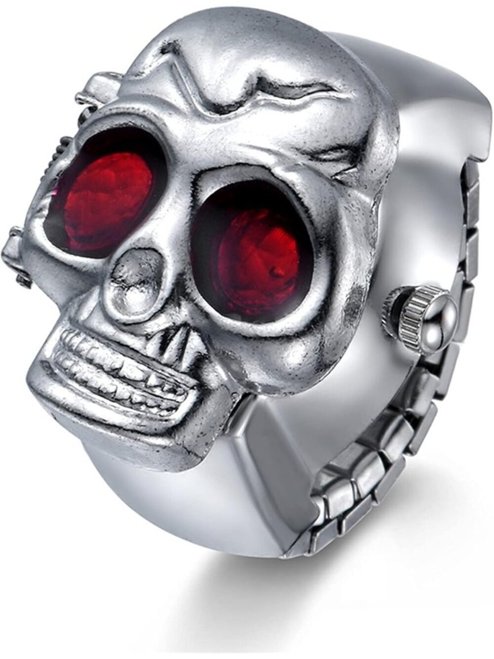 Unisex Silver And Red Analog Punk Skull Flip-Open Adjustable Finger Ring Watch